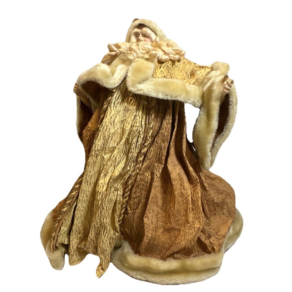 VTG Paper Mache Santa Claus Tree Topper Father Christmas Gold Coat Fur Trim